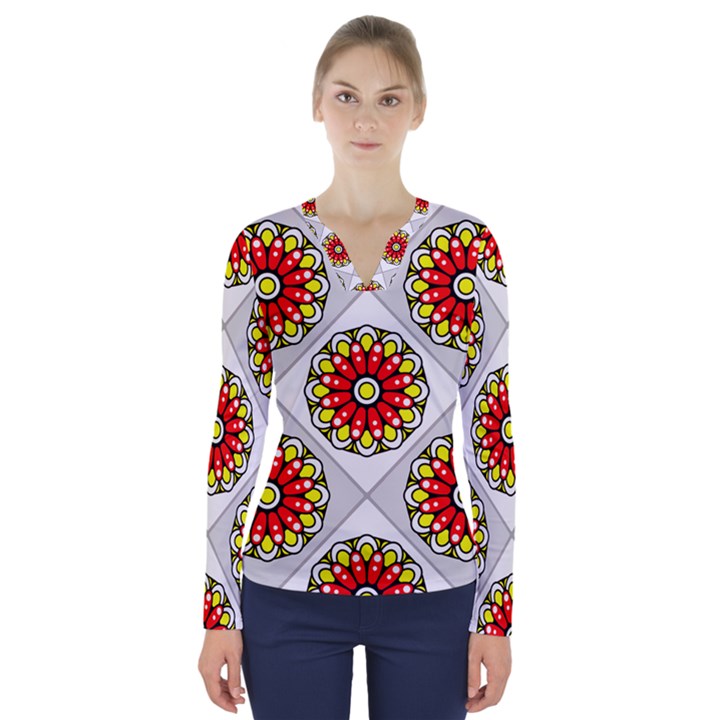 Mandala Modern Forme Geometrique V-Neck Long Sleeve Top