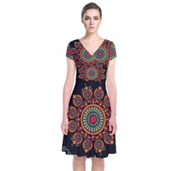 Colored Mandala Dark 2 Short Sleeve Front Wrap Dress by byali