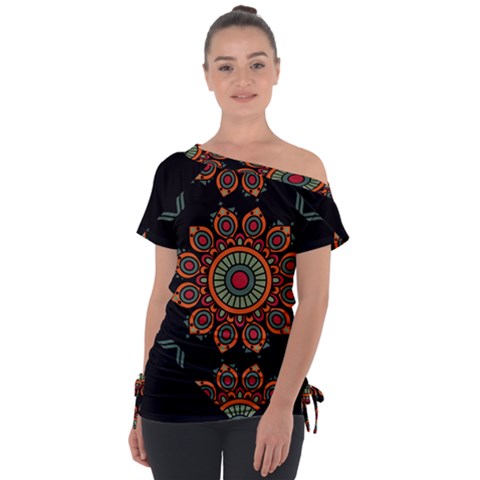 Colored Mandala Dark 2 Off Shoulder Tie-up Tee by byali