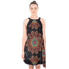 Colored Mandala Dark 2 Halter Collar Waist Tie Chiffon Dress by byali