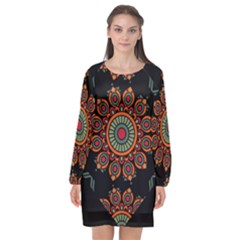 Colored Mandala Dark 2 Long Sleeve Chiffon Shift Dress  by byali