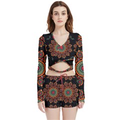 Colored Mandala Dark 2 Velvet Wrap Crop Top And Shorts Set by byali