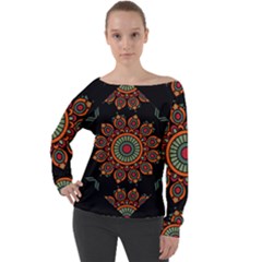 Colored Mandala Dark 2 Off Shoulder Long Sleeve Velour Top by byali