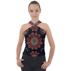 Colored Mandala Dark 2 Cross Neck Velour Top by byali