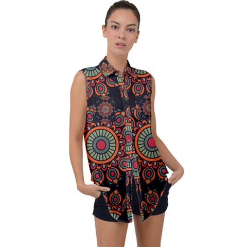 Colored Mandala Dark 2 Sleeveless Chiffon Button Shirt by byali