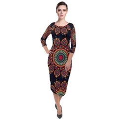 Colored Mandala Dark 2 Quarter Sleeve Midi Velour Bodycon Dress by byali