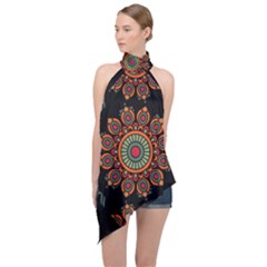 Colored Mandala Dark 2 Halter Asymmetric Satin Top by byali