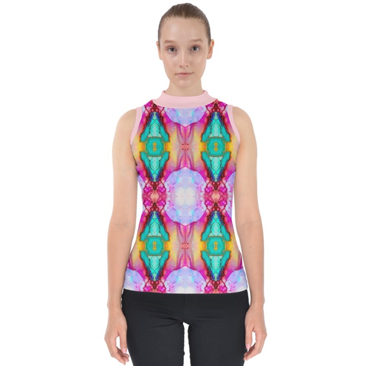 Colorful Abstract Painting E Mock Neck Shell Top