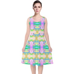 Colorful Neon Pattern  V-neck Midi Sleeveless Dress  by gloriasanchez