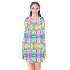 Colorful Neon Pattern  Long Sleeve V-neck Flare Dress by gloriasanchez