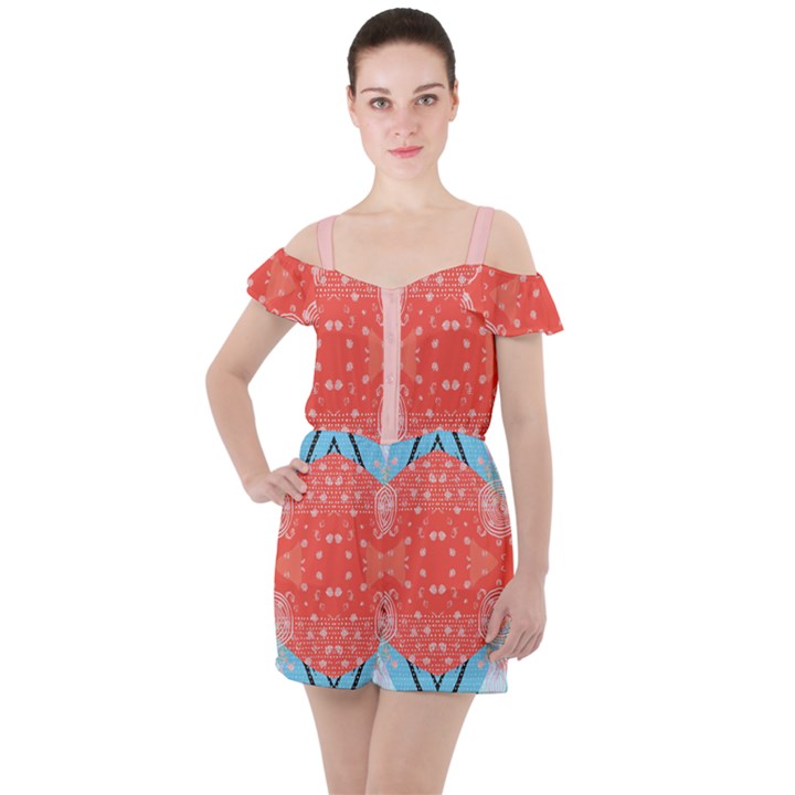 Chic Boho Print E Ruffle Cut Out Chiffon Playsuit