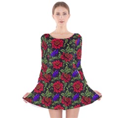 Spanish Passion Floral Pattern Long Sleeve Velvet Skater Dress