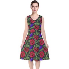 Spanish Passion Floral Pattern V-neck Midi Sleeveless Dress  by gloriasanchez