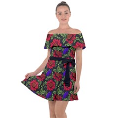 Spanish Passion Floral Pattern Off Shoulder Velour Dress