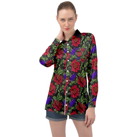 Spanish Passion Floral Pattern Long Sleeve Satin Shirt by gloriasanchez