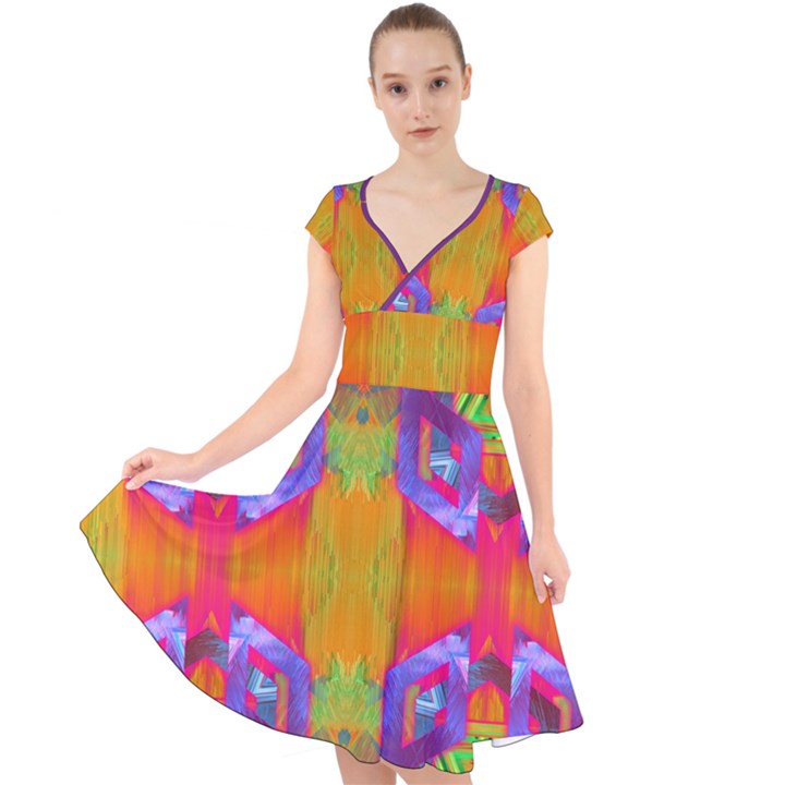 Glitch Futuristic Punk  Cap Sleeve Front Wrap Midi Dress