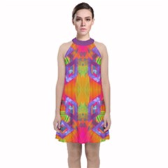 Glitch Futuristic Punk  Velvet Halter Neckline Dress 