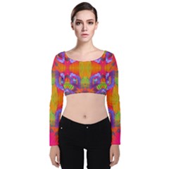 Glitch Futuristic Punk  Velvet Long Sleeve Crop Top by gloriasanchez