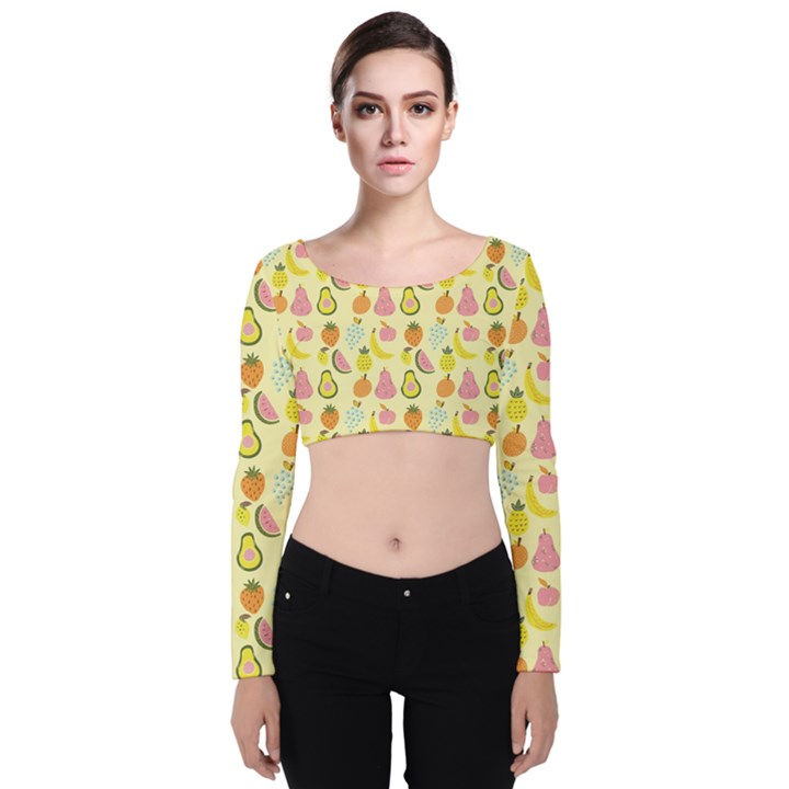 Tropical Fruits Pattern  Velvet Long Sleeve Crop Top