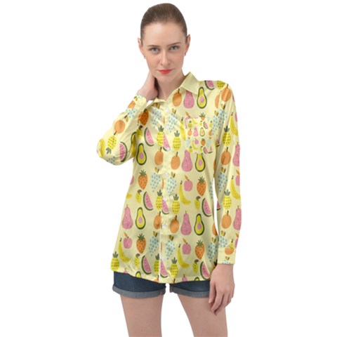 Tropical Fruits Pattern  Long Sleeve Satin Shirt by gloriasanchez