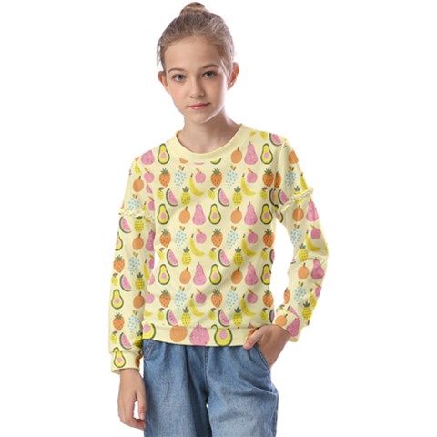 Tropical Fruits Pattern  Kids  Long Sleeve Tee With Frill  by gloriasanchez