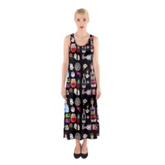 Drawing Collage Black Sleeveless Maxi Dress