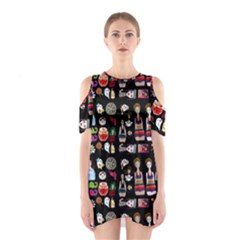 Drawing Collage Black Shoulder Cutout One Piece Dress