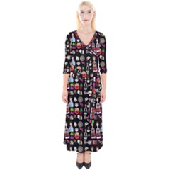 Drawing Collage Black Quarter Sleeve Wrap Maxi Dress