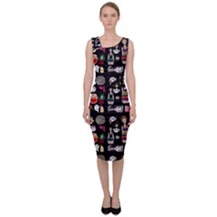 Drawing Collage Black Sleeveless Pencil Dress