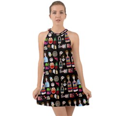 Drawing Collage Black Halter Tie Back Chiffon Dress