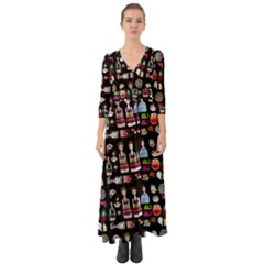 Drawing Collage Black Button Up Boho Maxi Dress