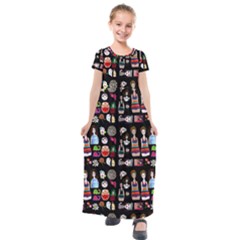 Drawing Collage Black Kids  Short Sleeve Maxi Dress