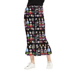 Drawing Collage Black Maxi Fishtail Chiffon Skirt