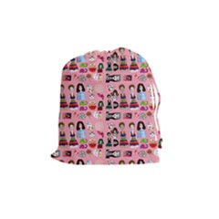 Drawing Collage Pink Drawstring Pouch (medium) by snowwhitegirl