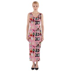 Drawing Collage Pink Fitted Maxi Dress