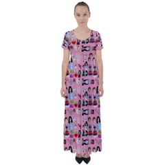 Drawing Collage Pink High Waist Short Sleeve Maxi Dress