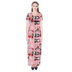 Drawing Collage Pink Short Sleeve Maxi Dress