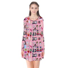 Drawing Collage Pink Long Sleeve V-neck Flare Dress