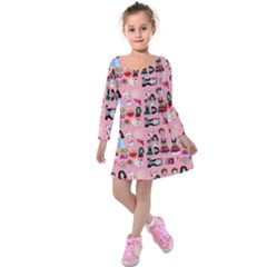 Drawing Collage Pink Kids  Long Sleeve Velvet Dress