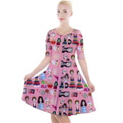 Drawing Collage Pink Quarter Sleeve A-line Dress