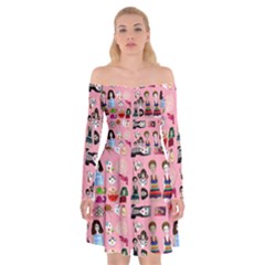 Drawing Collage Pink Off Shoulder Skater Dress