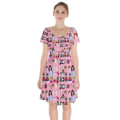 Drawing Collage Pink Short Sleeve Bardot Dress