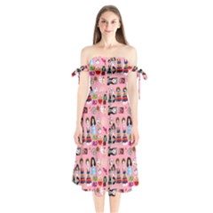 Drawing Collage Pink Shoulder Tie Bardot Midi Dress