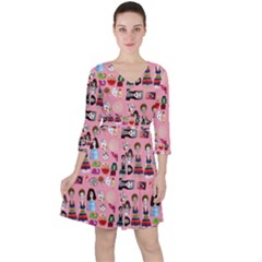 Drawing Collage Pink Quarter Sleeve Ruffle Waist Dress