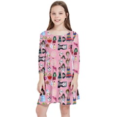 Drawing Collage Pink Kids  Quarter Sleeve Skater Dress