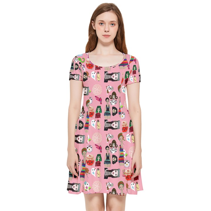 Drawing Collage Pink Inside Out Cap Sleeve Dress