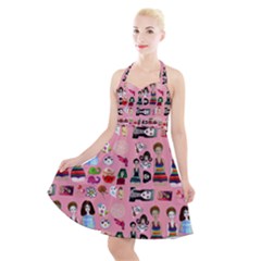 Drawing Collage Pink Halter Party Swing Dress 