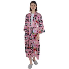 Drawing Collage Pink Maxi Satin Kimono