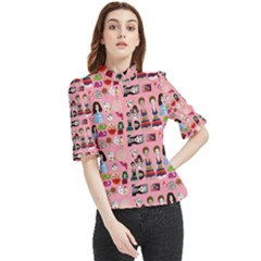 Drawing Collage Pink Frill Neck Blouse