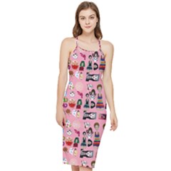 Drawing Collage Pink Bodycon Cross Back Summer Dress